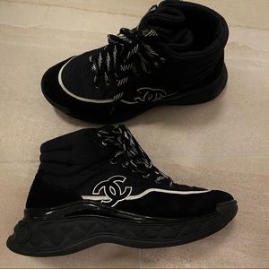 CHANEL Black Nylon and Suede High Top Lace Up Sneakers now shoes winter shoes